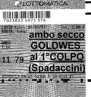 vincita al 1°colpo di gioco Ambo unico ROMA Goldwes